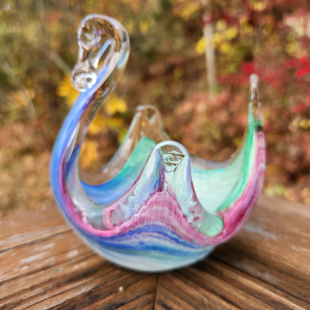 Arte Murano Multicolor Glass Swan Trinket Dish/Candle Holder